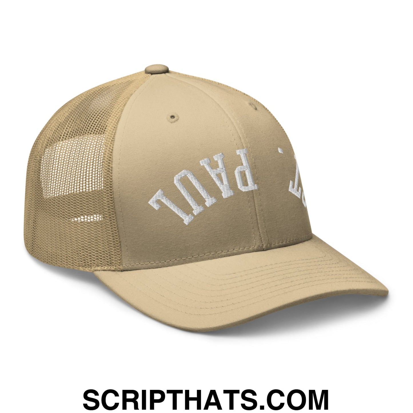 Upside Down St. Paul Embroidered Mesh Trucker Hat Khaki