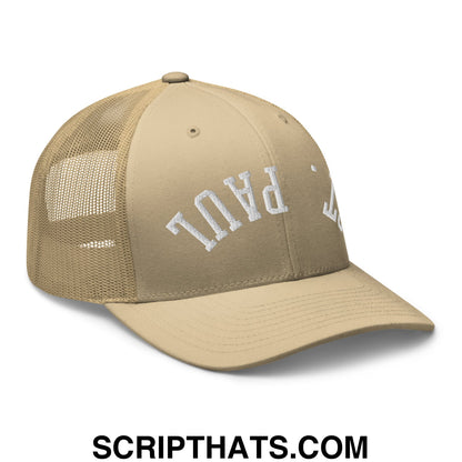 Upside Down St. Paul Embroidered Mesh Trucker Hat Khaki