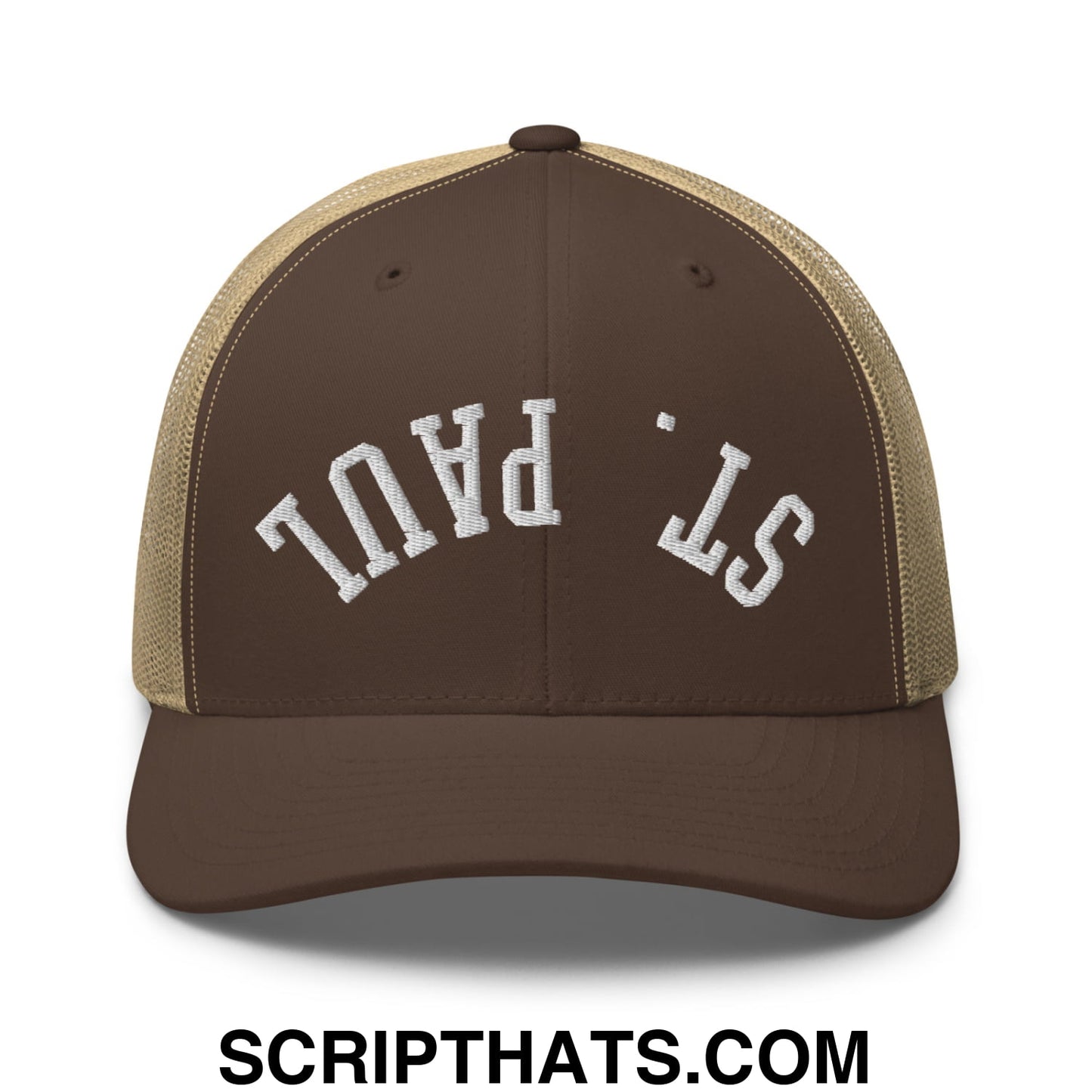 Upside Down St. Paul Embroidered Mesh Trucker Hat Brown Khaki