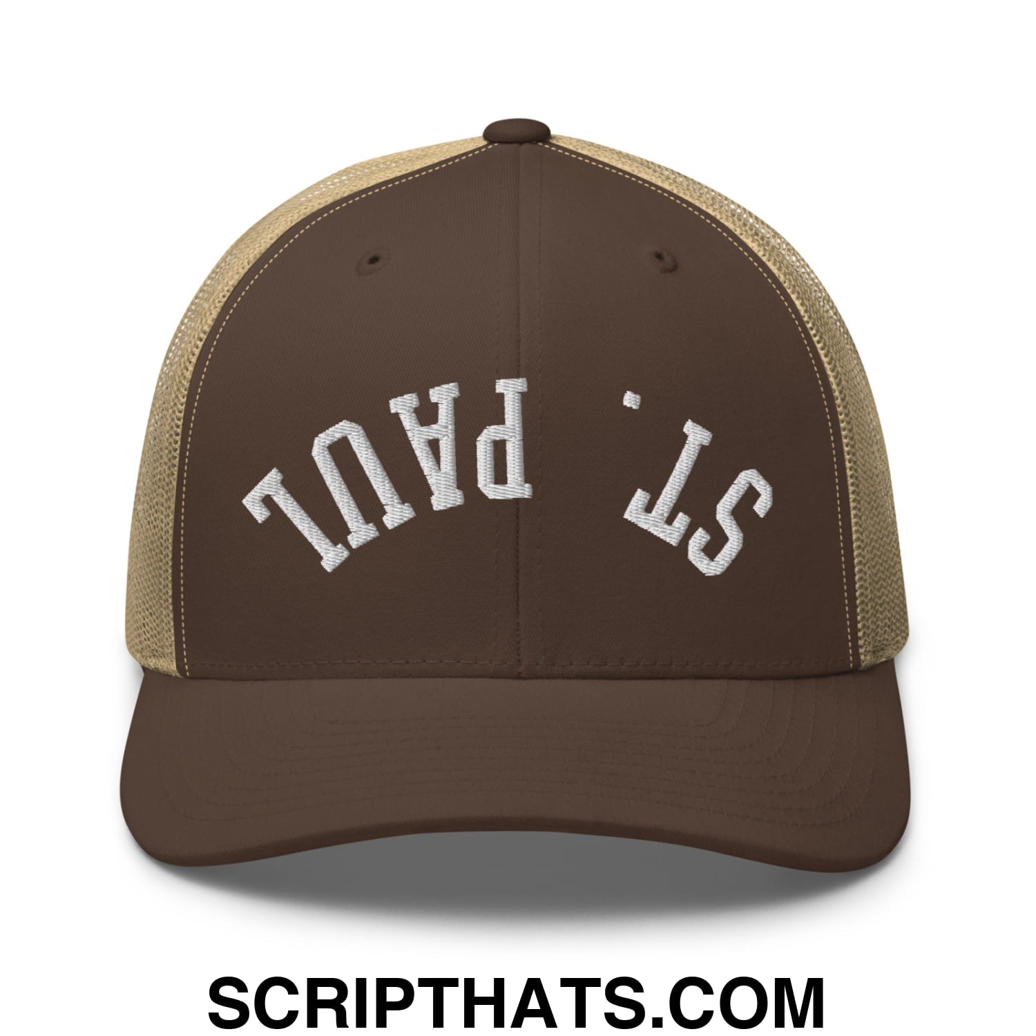 Upside Down St. Paul Embroidered Mesh Trucker Hat Brown Khaki