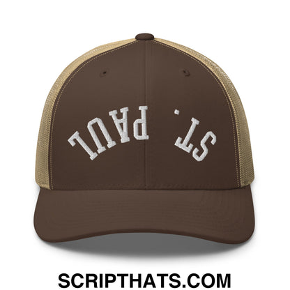 Upside Down St. Paul Embroidered Mesh Trucker Hat Brown Khaki