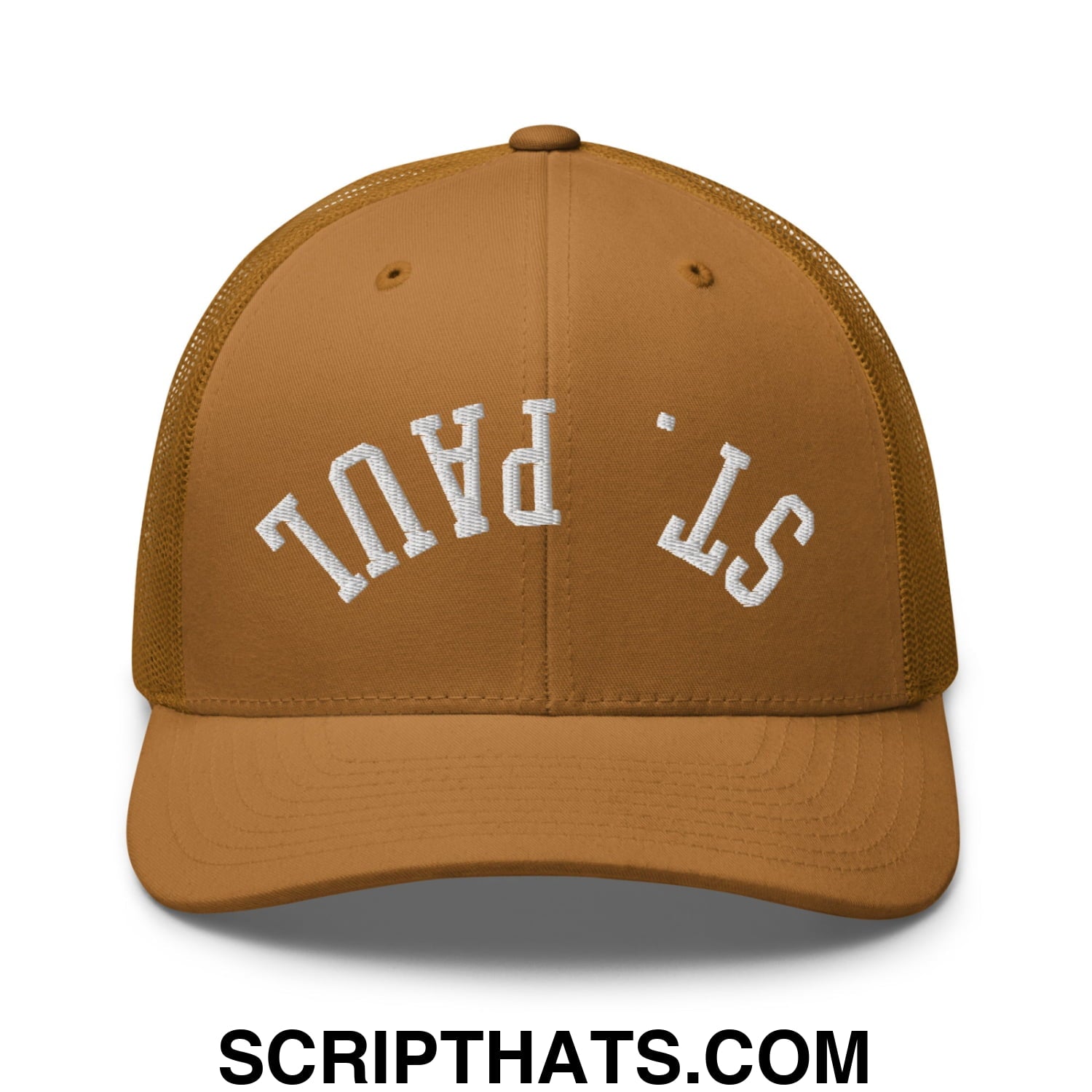 Upside Down St. Paul Embroidered Mesh Trucker Hat Caramel
