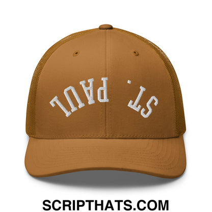 Upside Down St. Paul Embroidered Mesh Trucker Hat Caramel