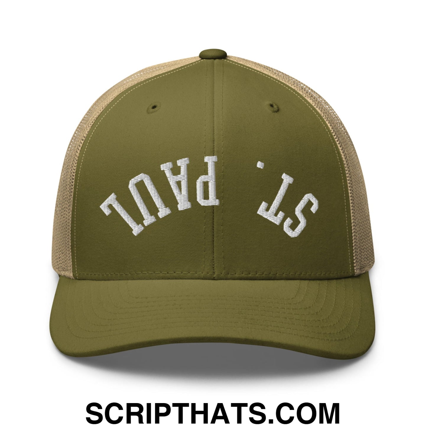 Upside Down St. Paul Embroidered Mesh Trucker Hat Moss Khaki