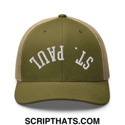 Upside Down St. Paul Embroidered Mesh Trucker Hat Moss Khaki