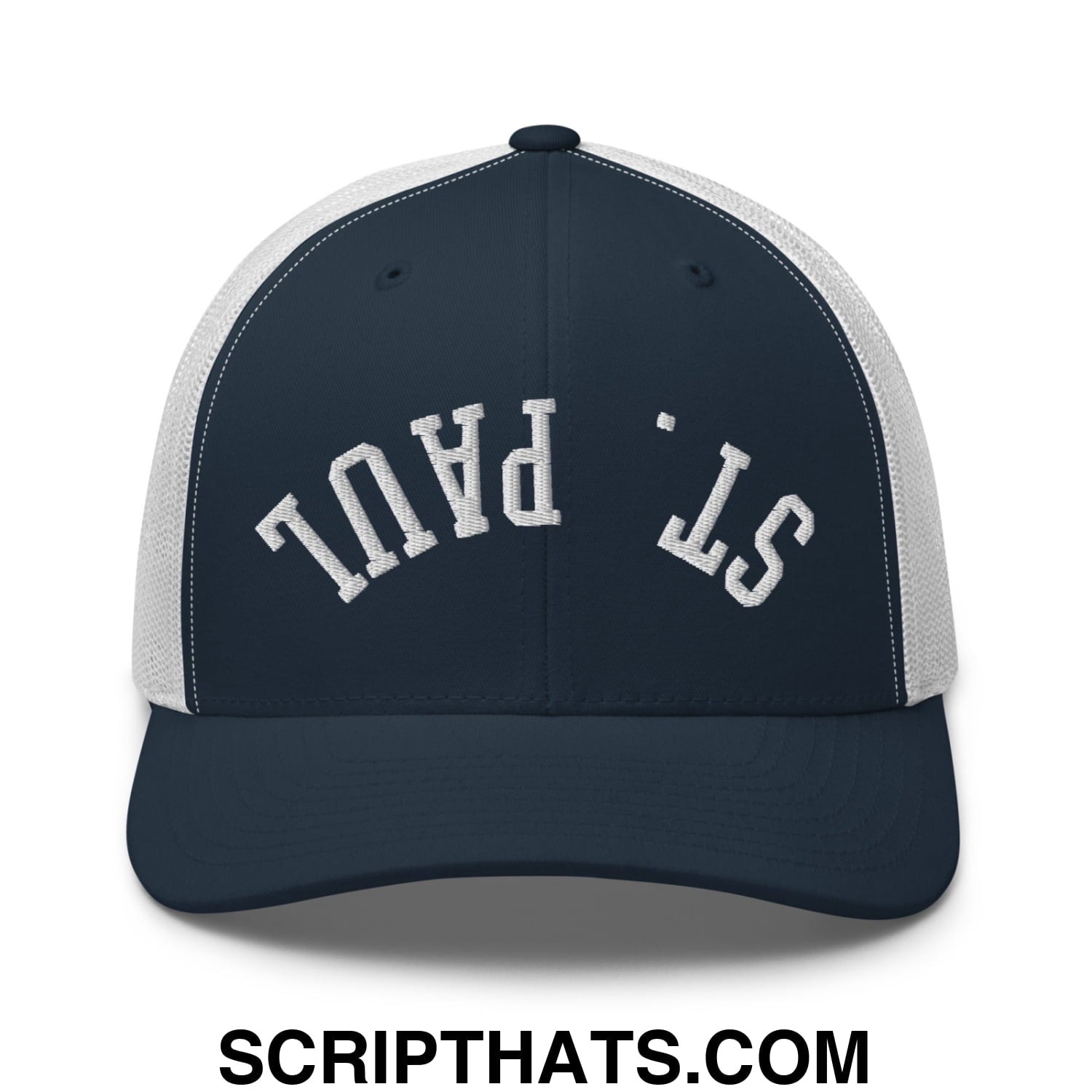 Upside Down St. Paul Embroidered Mesh Trucker Hat Navy White