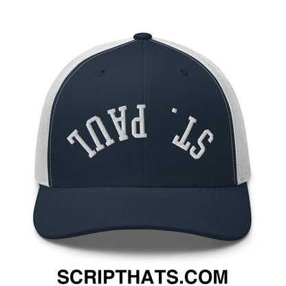 Upside Down St. Paul Embroidered Mesh Trucker Hat Navy White