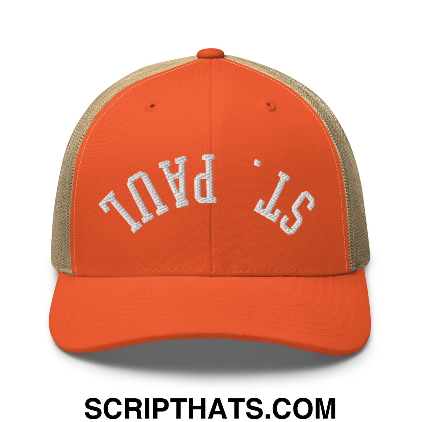 Upside Down St. Paul Embroidered Mesh Trucker Hat Rustic Orange Khaki