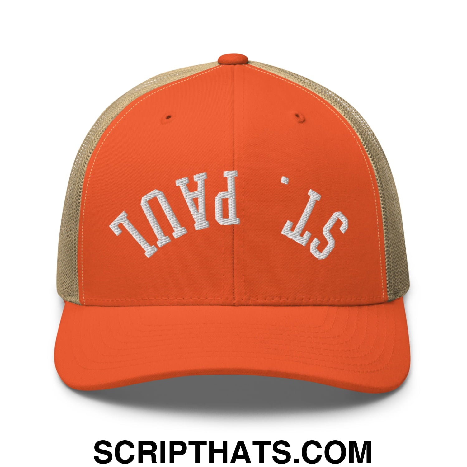 Upside Down St. Paul Embroidered Mesh Trucker Hat Rustic Orange Khaki