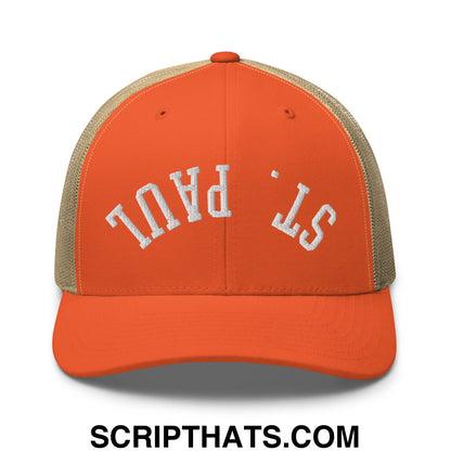 Upside Down St. Paul Embroidered Mesh Trucker Hat Rustic Orange Khaki
