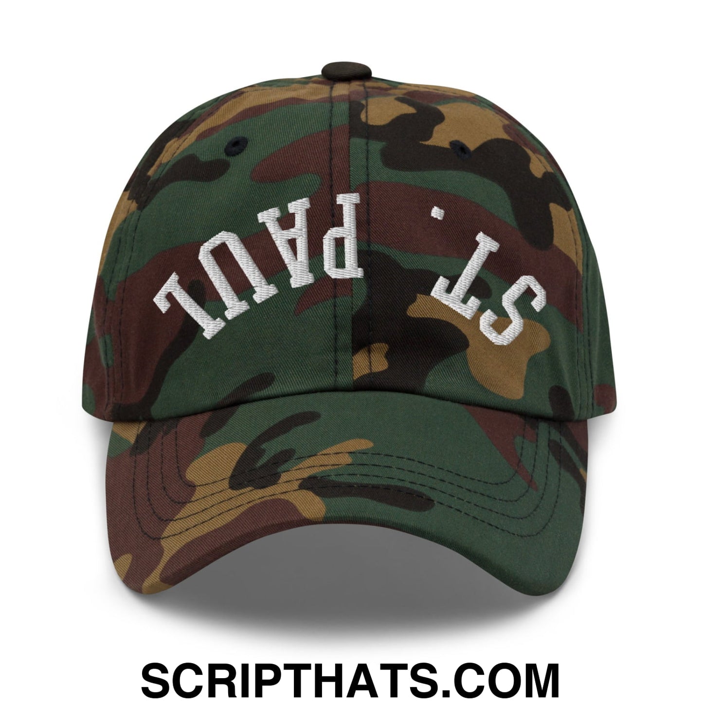 Upside Down St. Paul Embroidered Unstructured Dad Hat Green Camo