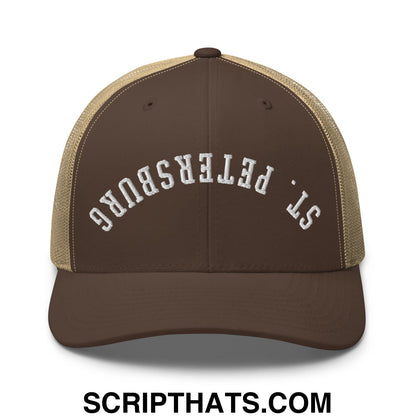 Upside Down St. Petersburg Embroidered Mesh Trucker Hat Brown Khaki