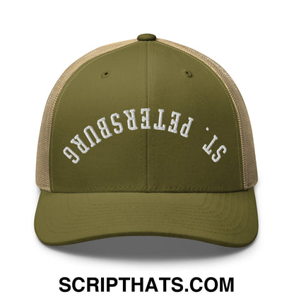 Upside Down St. Petersburg Embroidered Mesh Trucker Hat Moss Khaki