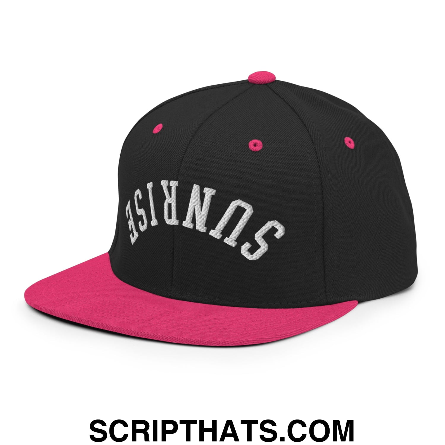 Upside Down Sunrise Embroidered Flat Bill Brim Snapback Hat Black Neon Pink