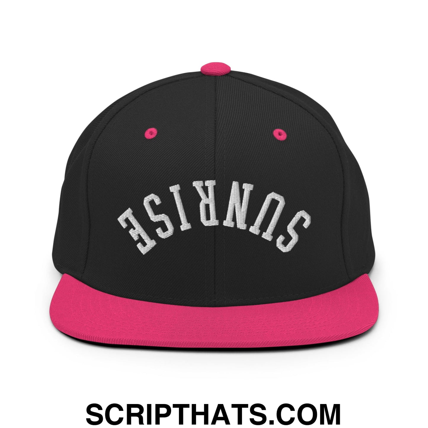 Upside Down Sunrise Embroidered Flat Bill Brim Snapback Hat Black Neon Pink