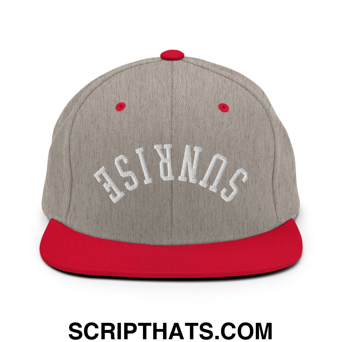 Upside Down Sunrise Embroidered Flat Bill Brim Snapback Hat Heather Grey Red