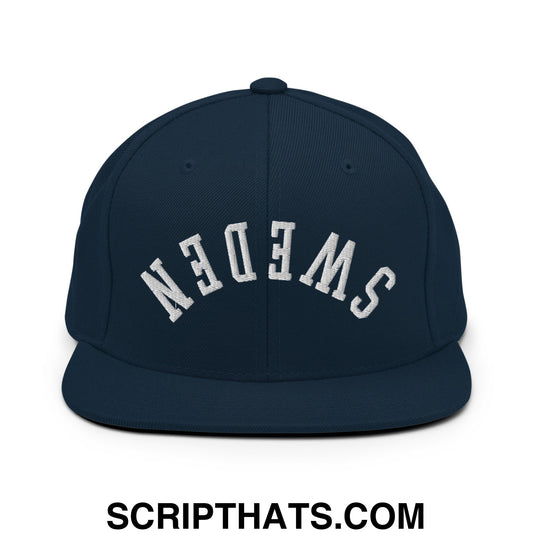 Navy blue snapback hat with white embroidered sweden text in arched design flat bill brim style