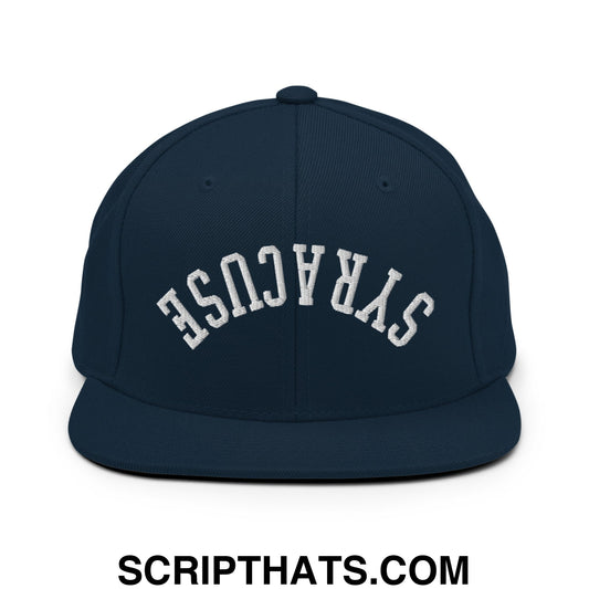 Navy blue snapback hat with white embroidered upside down syracuse lettering and flat bill brim design