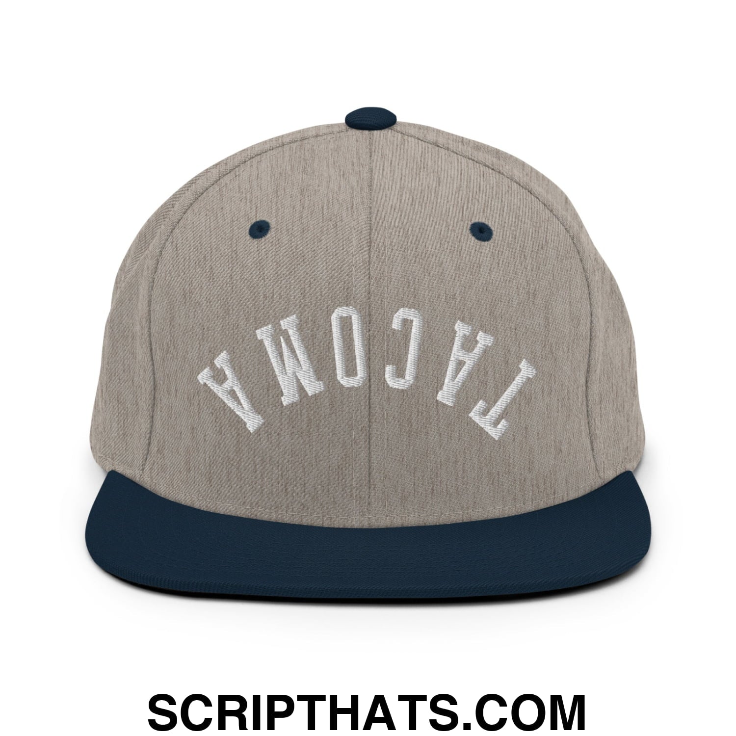Upside Down Tacoma Embroidered Flat Bill Brim Snapback Hat Heather Grey Navy