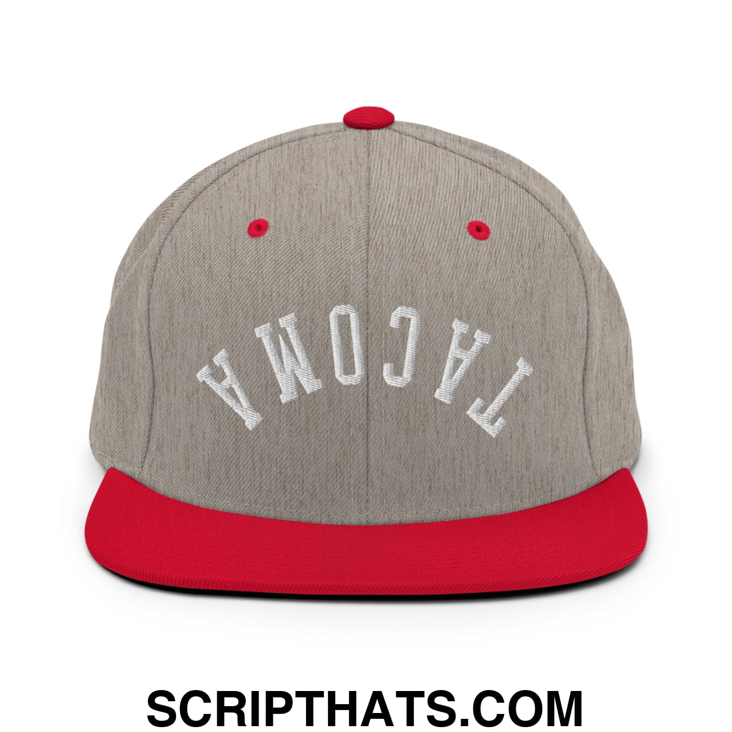 Upside Down Tacoma Embroidered Flat Bill Brim Snapback Hat Heather Grey Red
