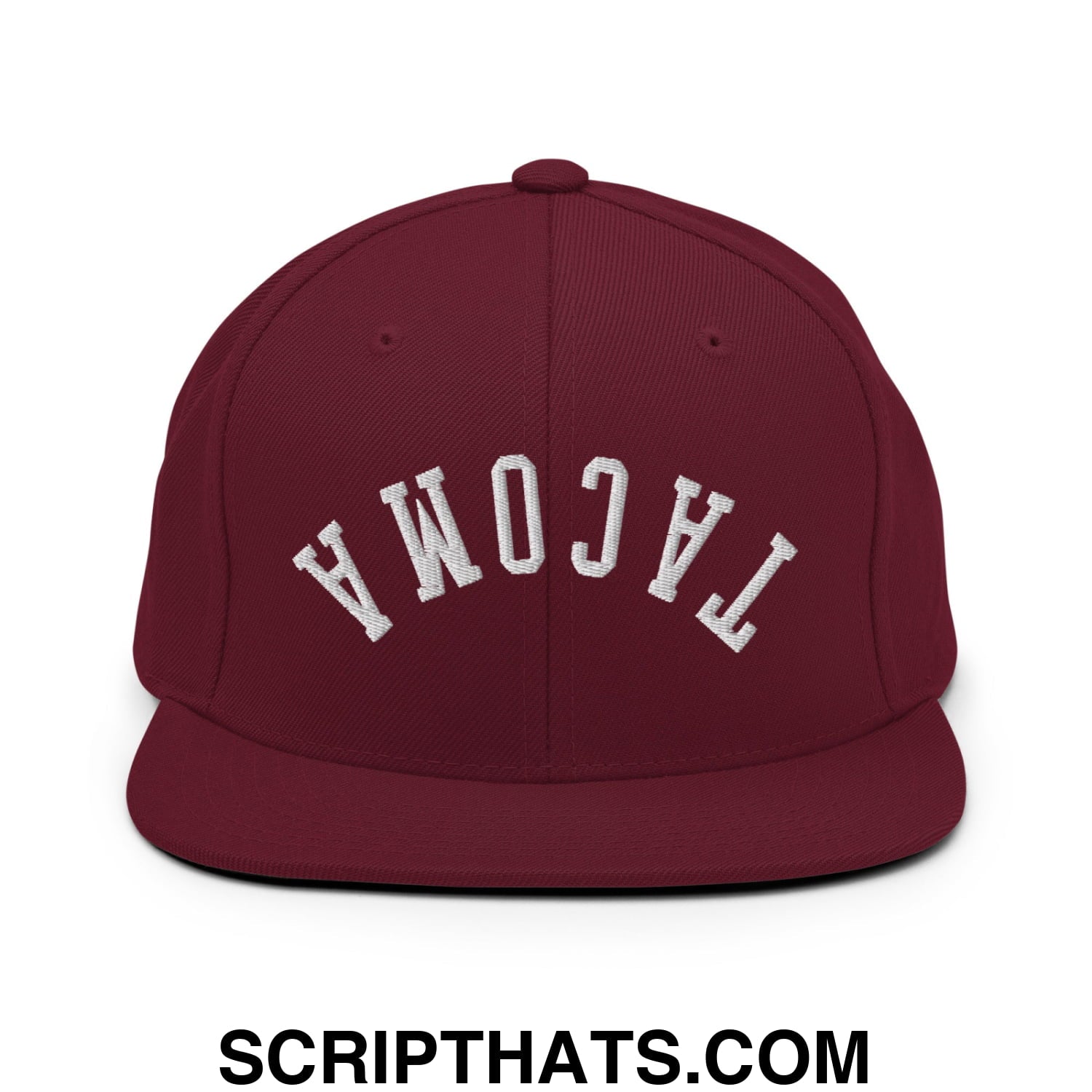 Upside Down Tacoma Embroidered Flat Bill Brim Snapback Hat Maroon