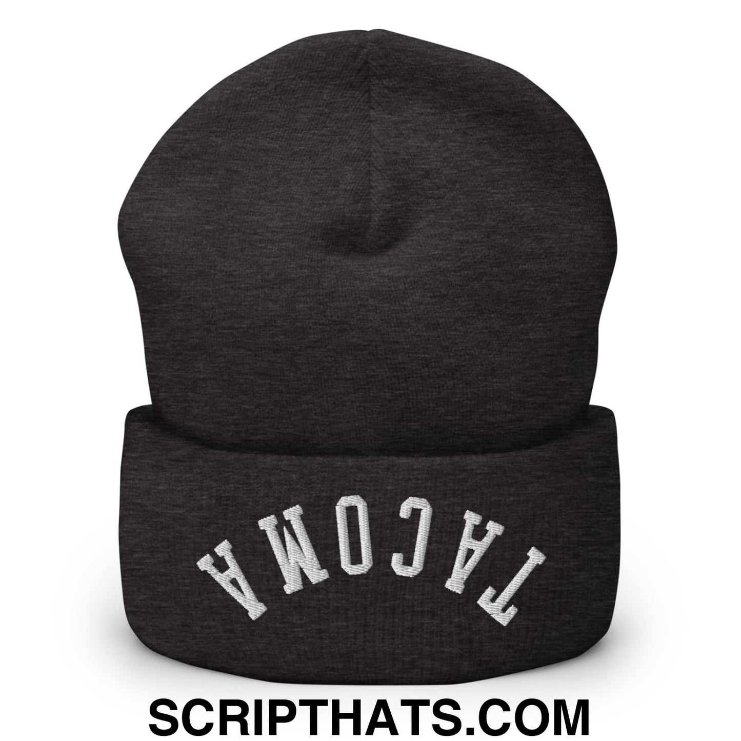 Upside Down Tacoma Embroidered Knit Cuffed Beanie Dark Grey