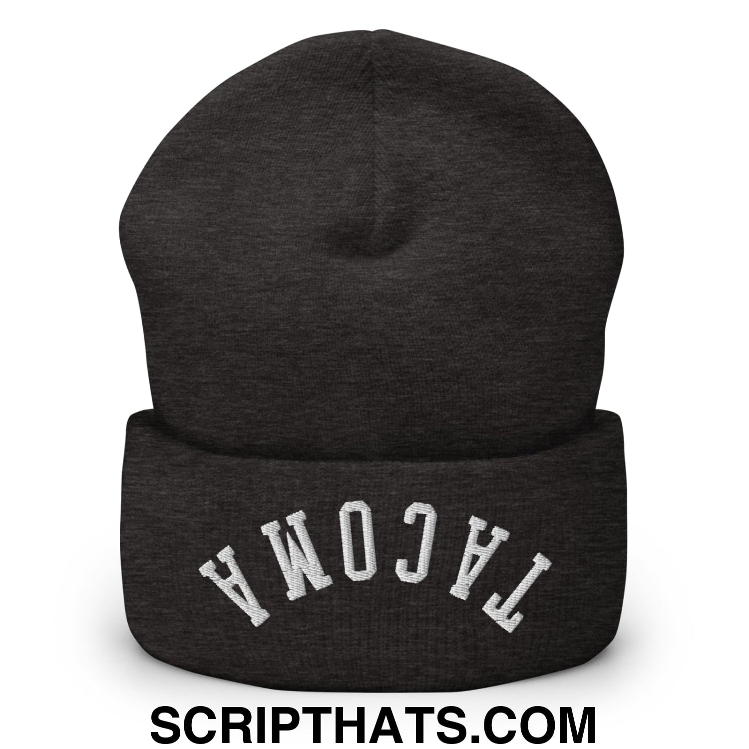 Upside Down Tacoma Embroidered Knit Cuffed Beanie Dark Grey