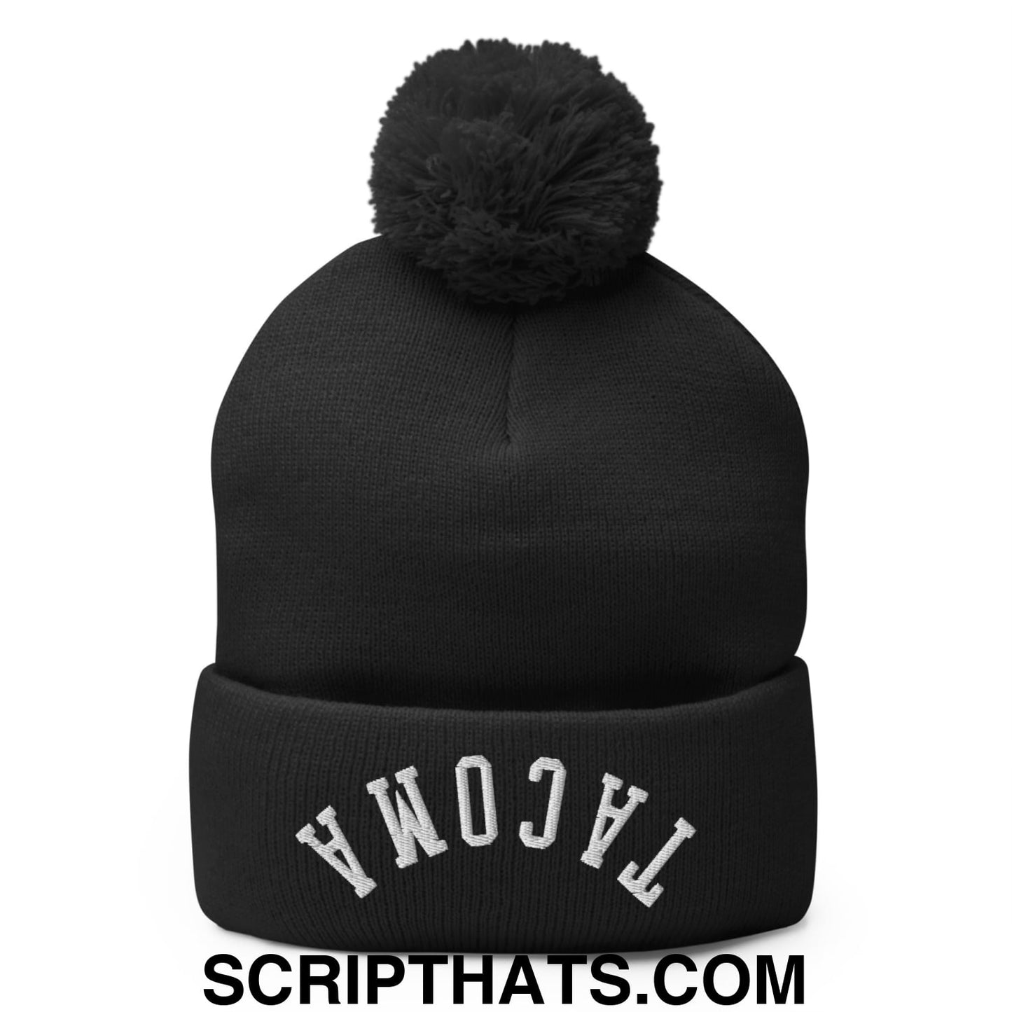 Upside Down Tacoma Embroidered Knit Pom Pom Beanie Black