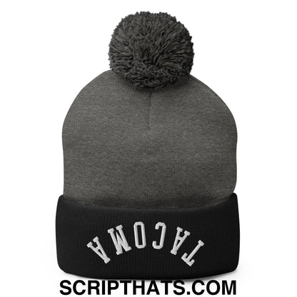 Upside Down Tacoma Embroidered Knit Pom Pom Beanie Dark Heather Grey Black