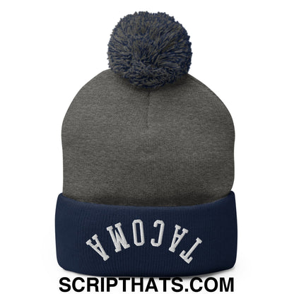 Upside Down Tacoma Embroidered Knit Pom Pom Beanie Dark Heather Grey Navy