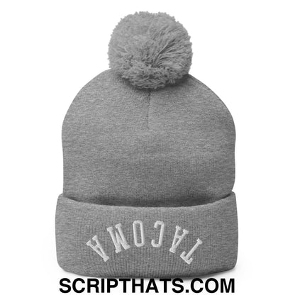 Upside Down Tacoma Embroidered Knit Pom Pom Beanie Heather Grey