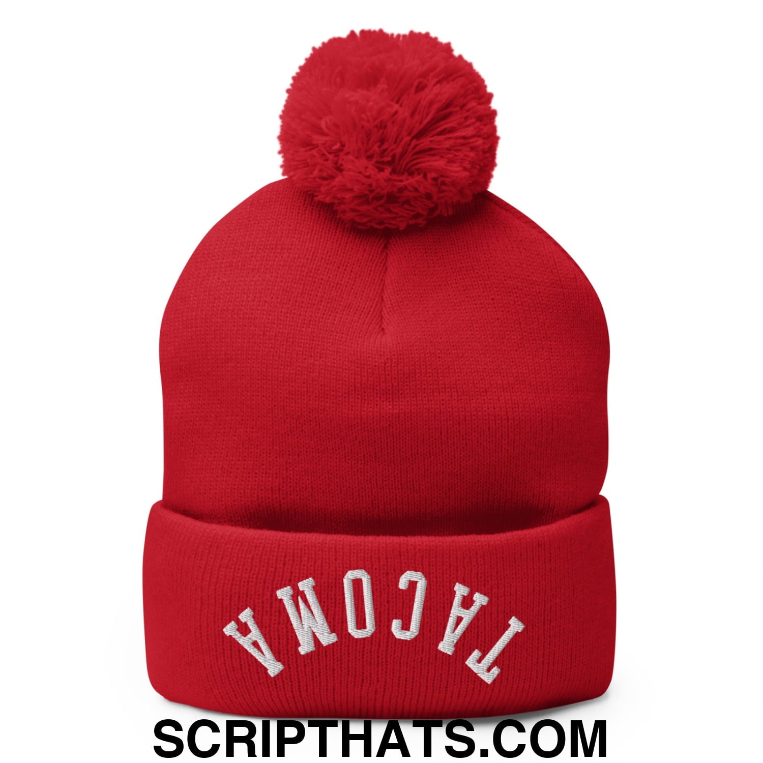 Upside Down Tacoma Embroidered Knit Pom Pom Beanie Red