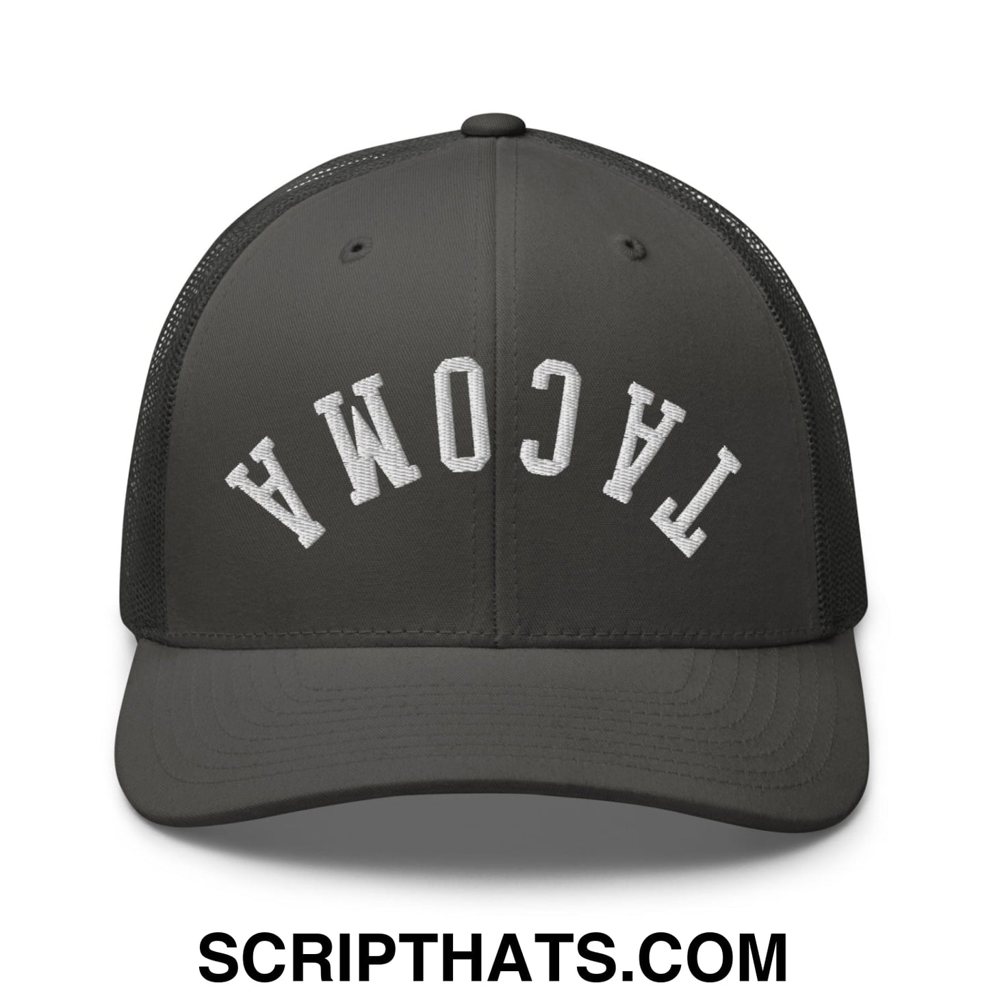 Upside Down Tacoma Embroidered Mesh Trucker Hat Charcoal