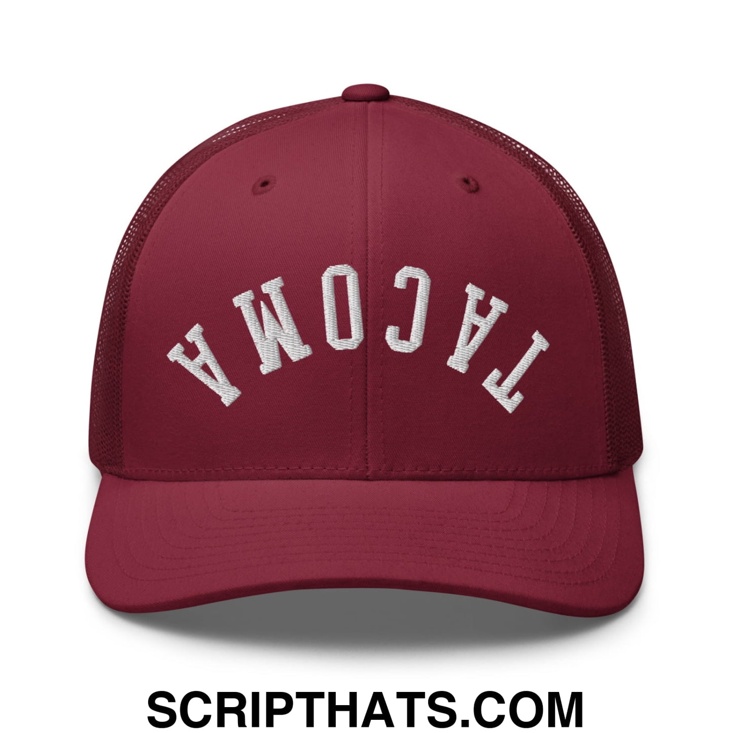 Upside Down Tacoma Embroidered Mesh Trucker Hat Cranberry
