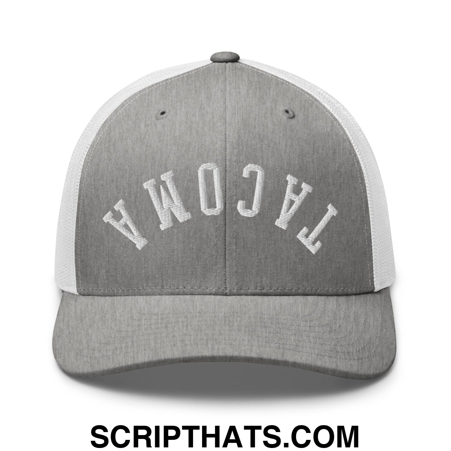 Upside Down Tacoma Embroidered Mesh Trucker Hat Heather Grey White