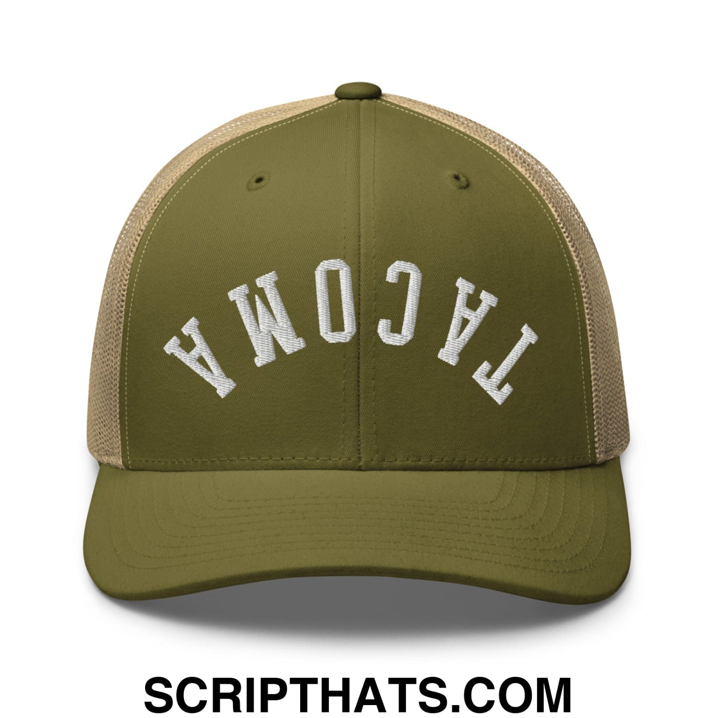 Upside Down Tacoma Embroidered Mesh Trucker Hat Moss Khaki