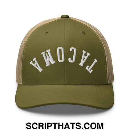 Upside Down Tacoma Embroidered Mesh Trucker Hat Moss Khaki