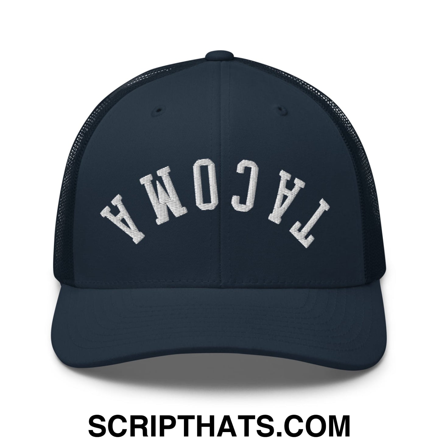Upside Down Tacoma Embroidered Mesh Trucker Hat Navy