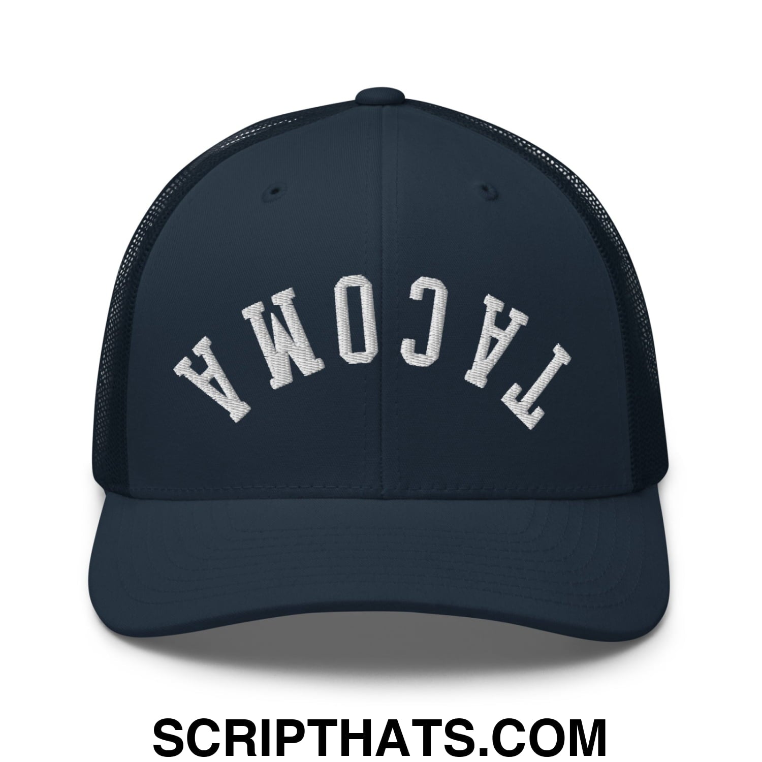 Upside Down Tacoma Embroidered Mesh Trucker Hat Navy
