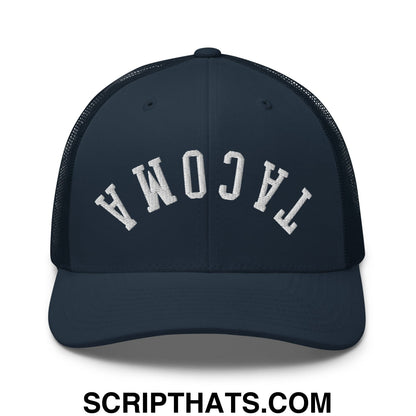 Upside Down Tacoma Embroidered Mesh Trucker Hat Navy
