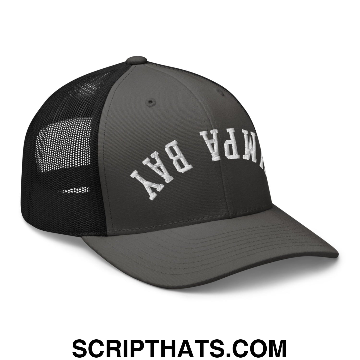 Upside Down Tampa Bay Embroidered Mesh Trucker Hat Charcoal Black
