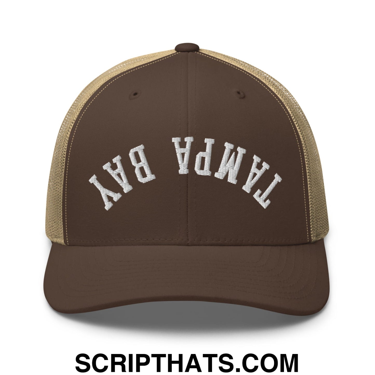 Upside Down Tampa Bay Embroidered Mesh Trucker Hat Brown Khaki