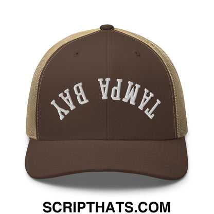 Upside Down Tampa Bay Embroidered Mesh Trucker Hat Brown Khaki
