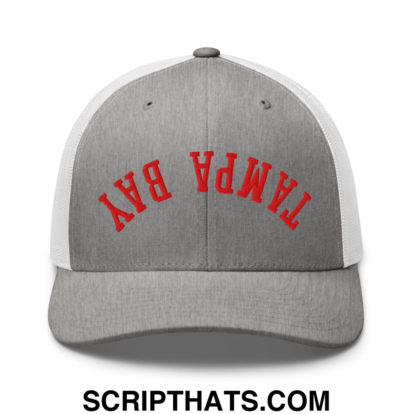 Upside Down Tampa Bay Football Embroidered Mesh Trucker Hat Heather Grey White