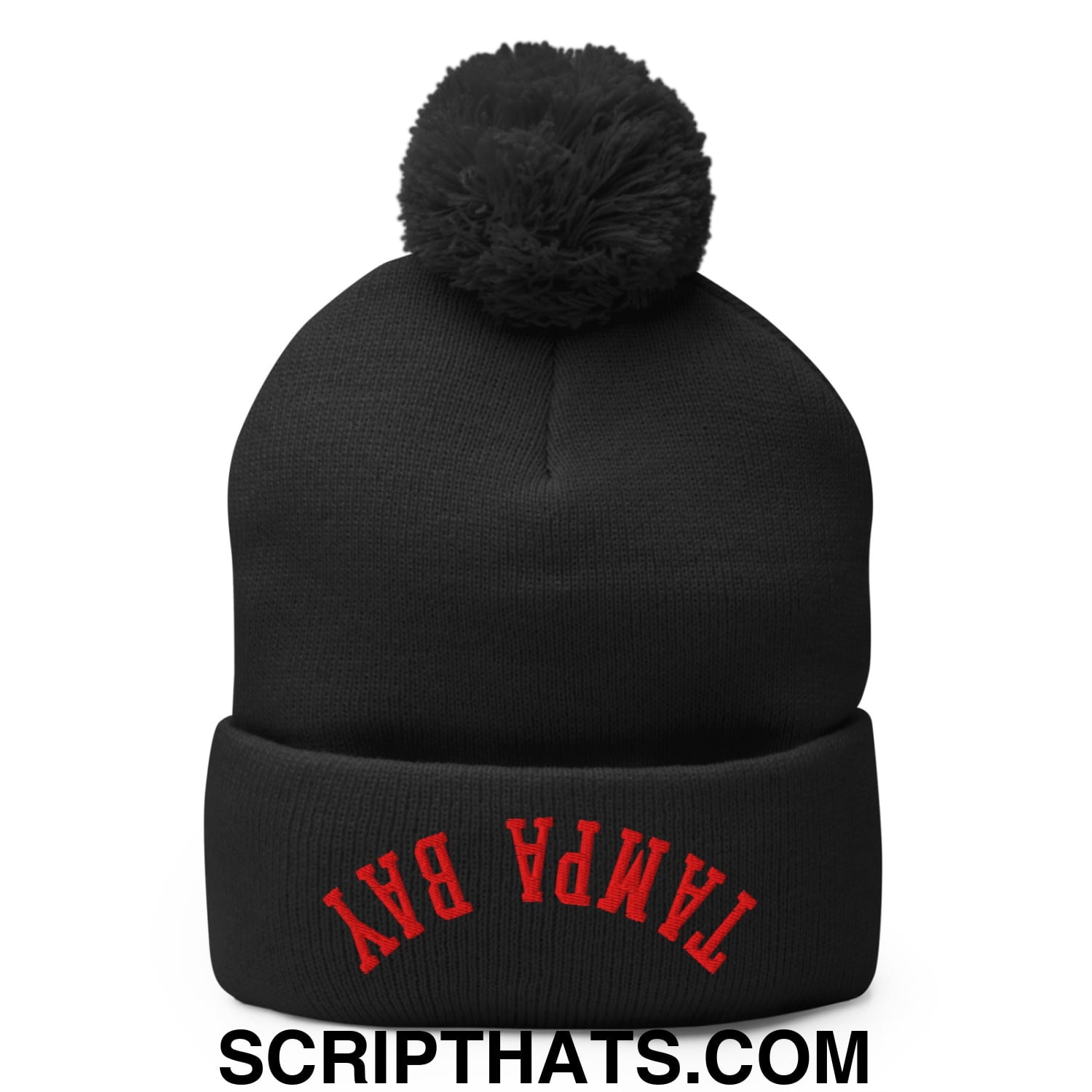 Upside Down Tampa Bay Football Embroidered Pom Pom Knit Beanie Black