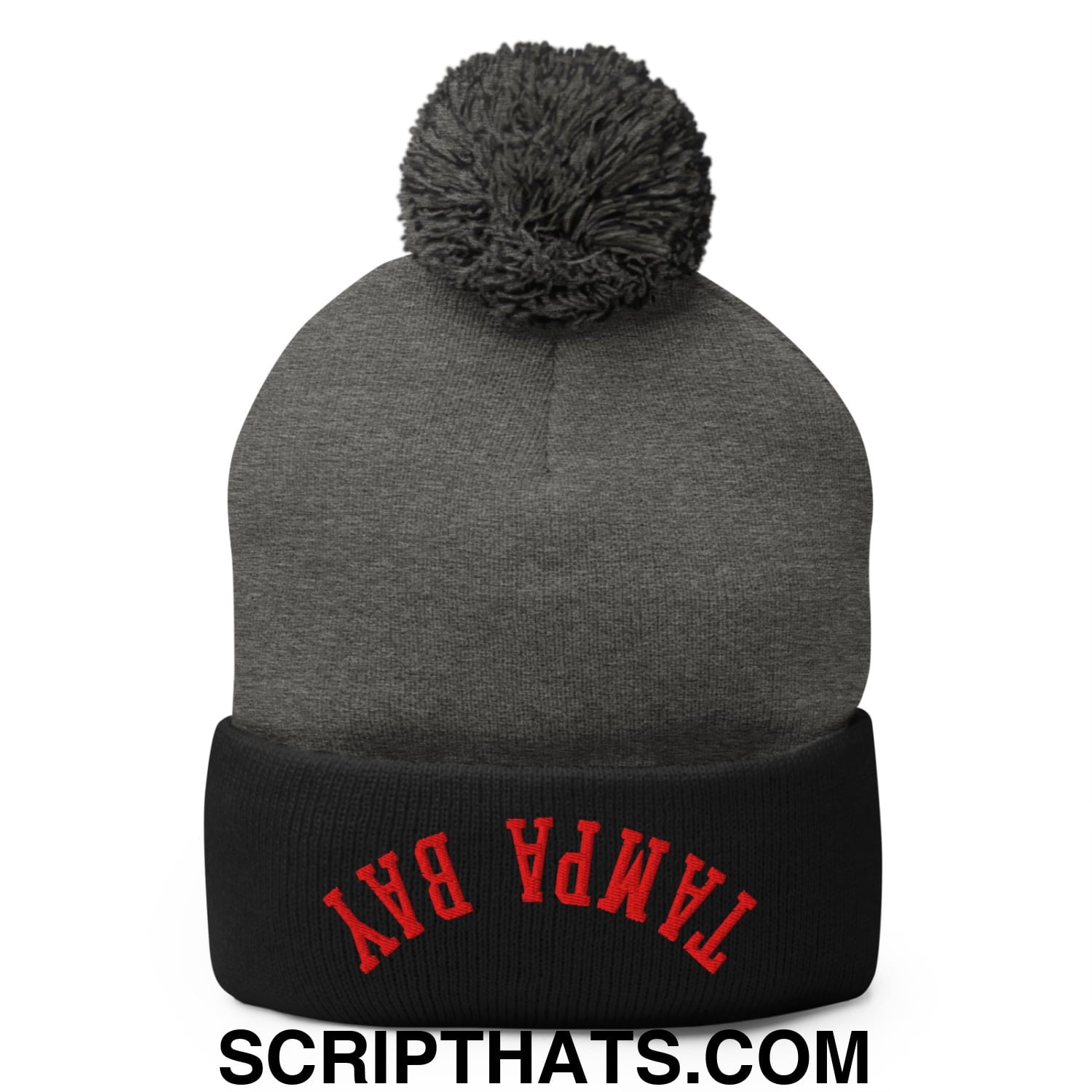 Upside Down Tampa Bay Football Embroidered Pom Pom Knit Beanie Dark Heather Grey Black