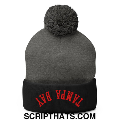 Upside Down Tampa Bay Football Embroidered Pom Pom Knit Beanie Dark Heather Grey Black