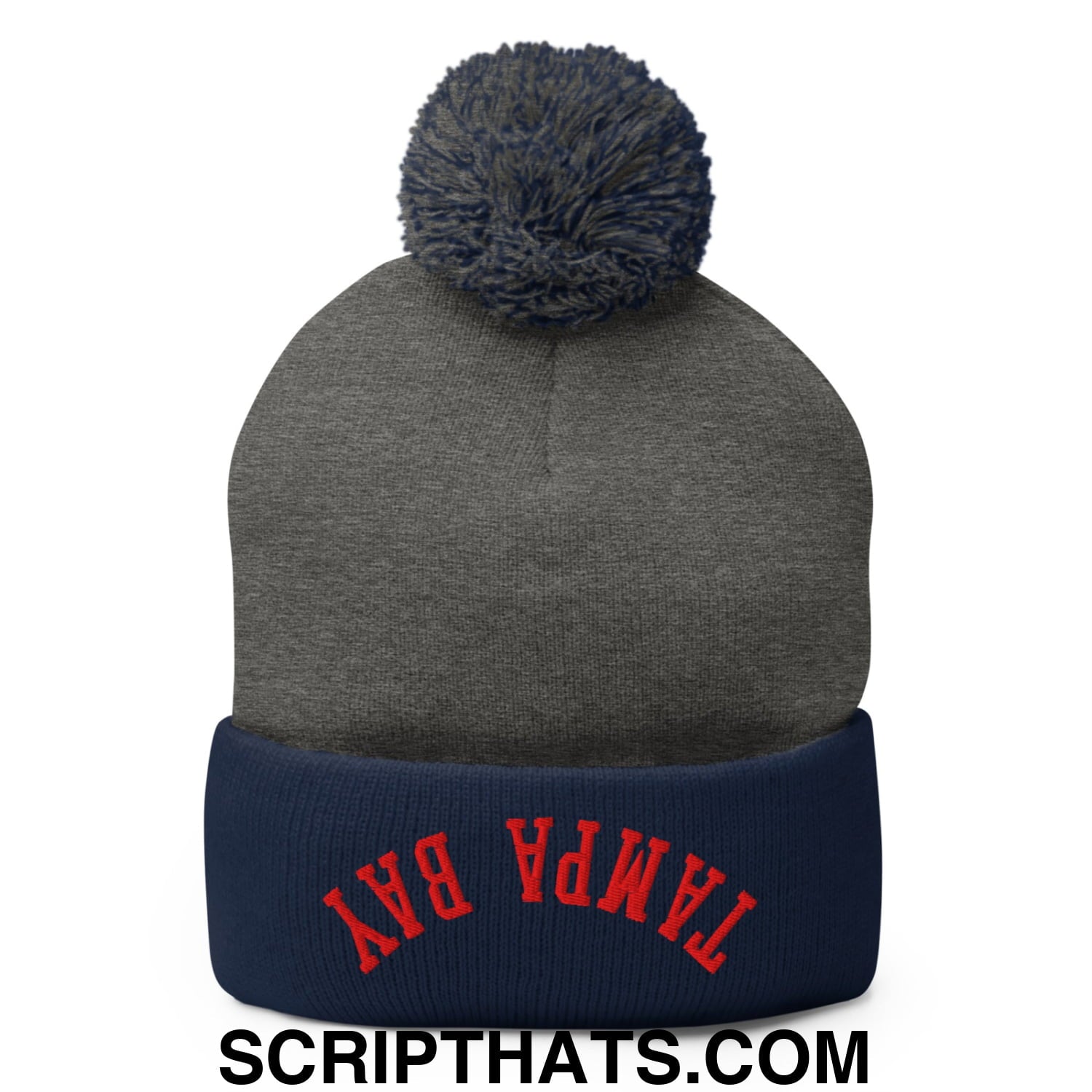 Upside Down Tampa Bay Football Embroidered Pom Pom Knit Beanie Dark Heather Grey Navy