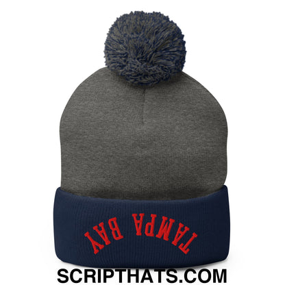 Upside Down Tampa Bay Football Embroidered Pom Pom Knit Beanie Dark Heather Grey Navy