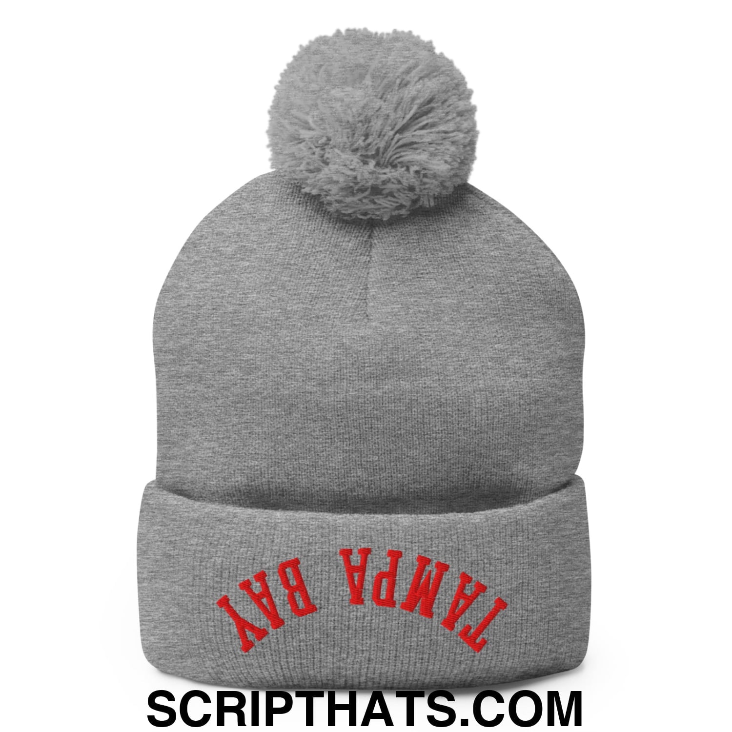 Upside Down Tampa Bay Football Embroidered Pom Pom Knit Beanie Heather Grey